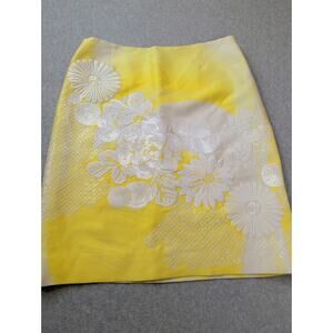 Per Se Womens Yellow A-Line Skirt 100% Silk White Embroidered Floral Sequin